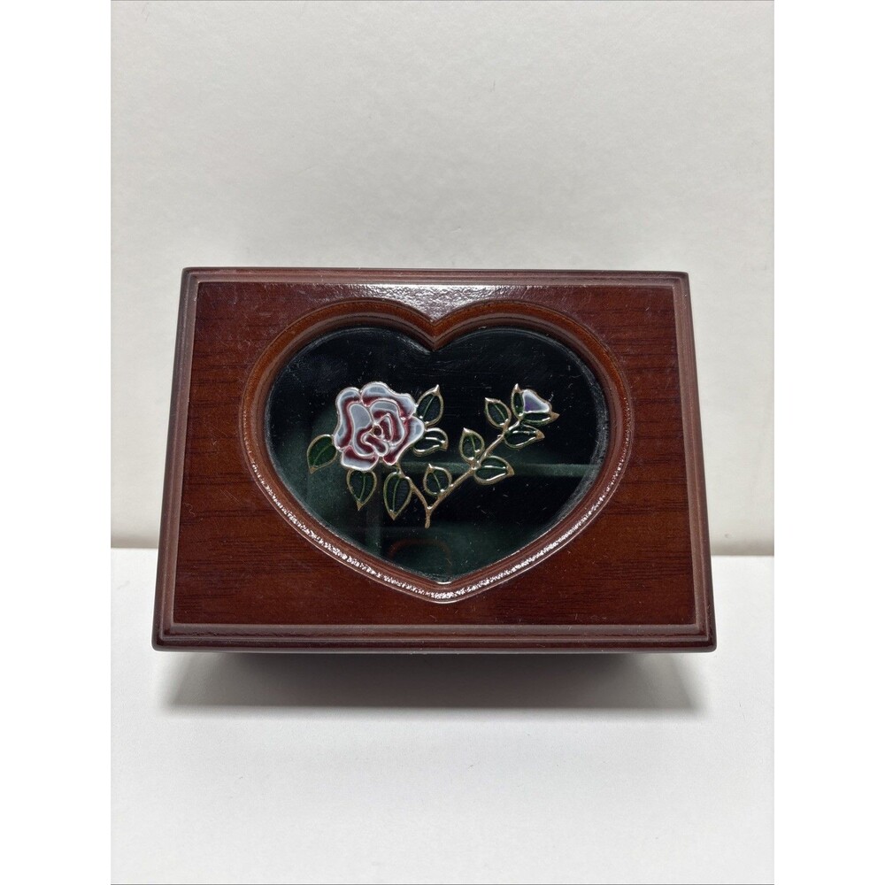 Vintage Wood & Glass Jewelry Box - Heart Shaped w/ Painted Rose Inlay